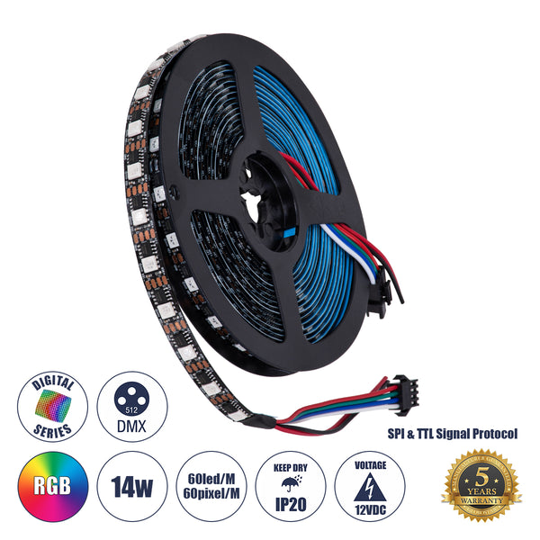 Bandă SMD Digital LED 5050 14.4W/M 60LED/M 60PIXEL/M SPI/TTL Protocol IC TM1812 1152LM/M 120 ° DC 12V IP20 RGB - 5 ani Garanție