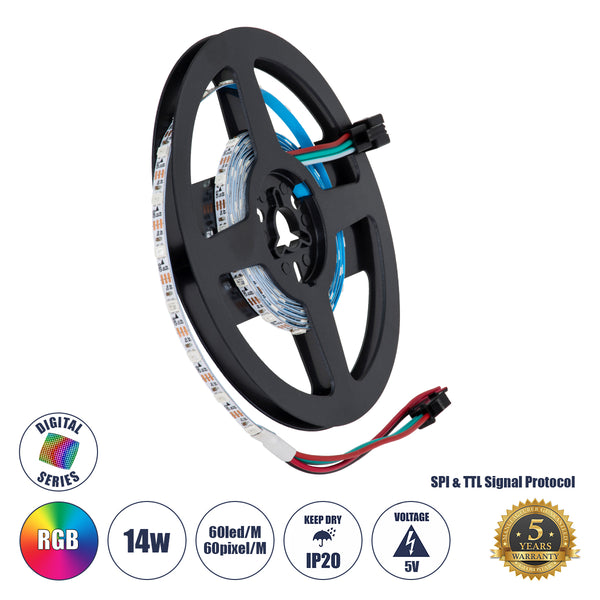 Nano Digitaler LED-Streifen SMD 3535 14,4 W/m 60 LED/m 60 PIXEL/m SPI/TTL-Protokoll IC WS2812/SK6812 1152 lm/m 120 ° DC 5 V IP20 RGB – 5 Jahre Garantie