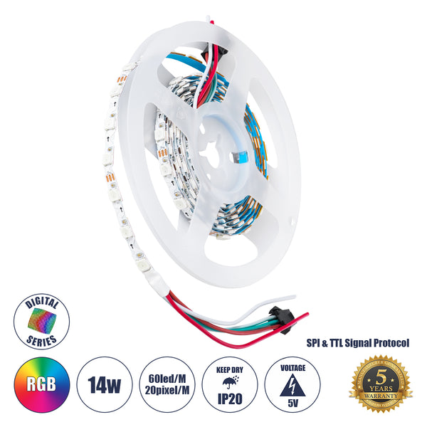 Nano Zig Zag S Digital LED SMD Film 5050 14.4W/M 60LED/M 20PIXEL/M SPI/TTL Protocol IC WS2812/SK6812 1152LM/M 120 ° DC 5V IP20 RGB - 5 ani Garanție