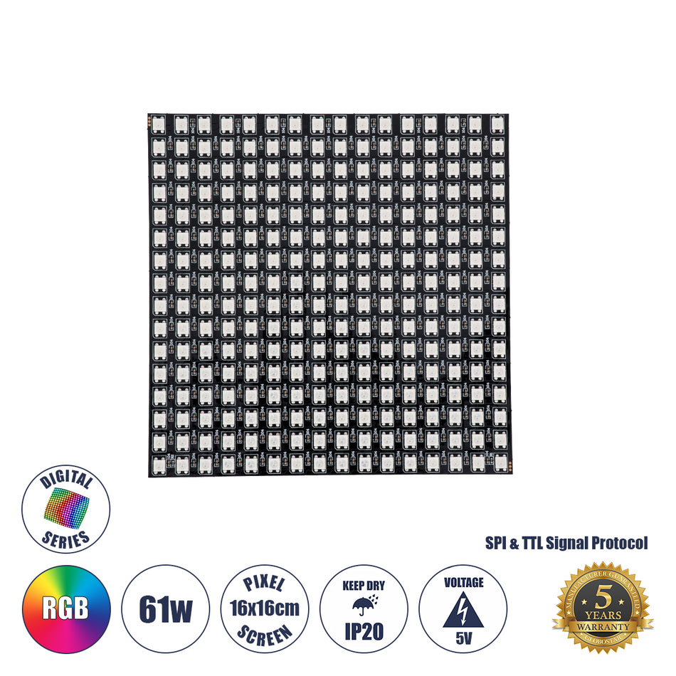DIGIPLATE 90608 Ψηφιακή Pixel Addressable Πλακέτα LED 61W 3660lm 120° DC 5V IP20 256 x SMD5050 Chip 256 x Pixel Πολύχρωμο RGB Dimmable SPI/TTL Protocol IC WS2812/SK6812 - Sanan SMD Chip - Μ16 x Π16 x Υ0.2cm - 5 Χρόνια Εγγύηση