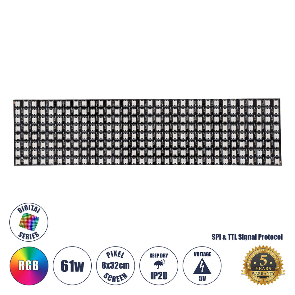 DIGIPLATE 90609 Ψηφιακή Pixel Addressable Πλακέτα LED 61W 3660lm 120° DC 5V IP20 256 x SMD5050 Chip 256 x Pixel Πολύχρωμο RGB Dimmable SPI/TTL Protocol IC WS2812/SK6812 - Sanan SMD Chip - Μ32 x Π8 x Υ0.2cm - 5 Χρόνια Εγγύηση