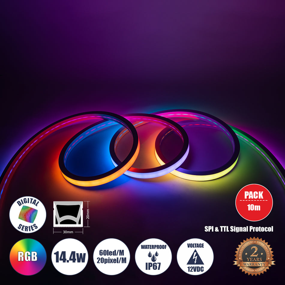 GLOBOSTAR® NEONIO 90754 Ψηφιακή Pixel Addressable Ταινία Neon Flex LED 14.4W/m 864lm/m 90° DC 12V Αδιάβροχο IP65 60 x SMD5050 Chip/m 20 x Pixel/m Πολύχρωμο RGB Dimmable SPI/TTL Protocol IC SM16703P/WS2811/WS2812 - Sanan SMD Chip - Μ1000 x Π3 x Υ2cm - Ρ...