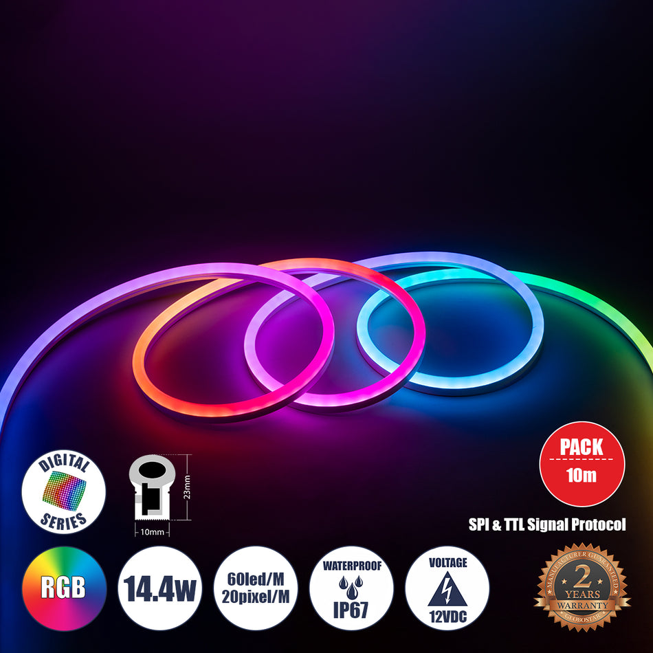 GLOBOSTAR® NEONIO 90755 Ψηφιακή Pixel Addressable Ταινία Neon Flex LED 14.4W/m 864lm/m 180° DC 12V Αδιάβροχο IP65 60 x SMD5050 Chip/m 20 x Pixel/m Πολύχρωμο RGB Dimmable SPI/TTL Protocol IC SM16703P/WS2811/WS2812 - Μ1000 x Π1 x Υ2.3cm - Ρολό 10 Μέτρων ...