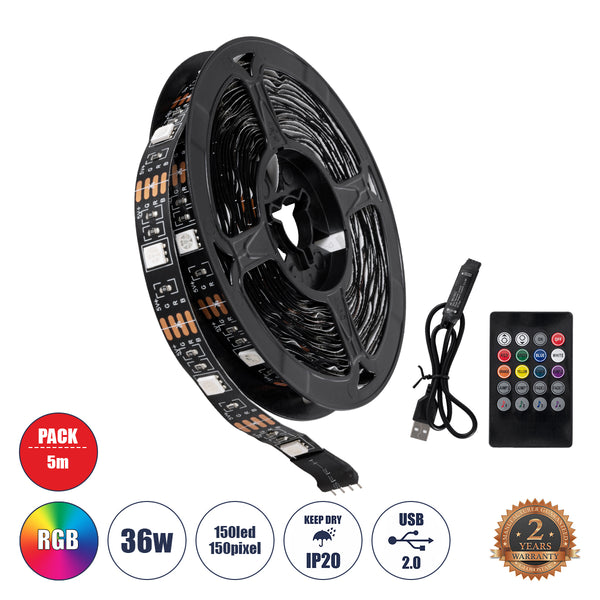 DIGISTRIP 90757 Set RGB Strip - Σετ RGB Ταινίας 5 Μέτρων με Controller & Ασύρματο Χειριστήριο IR - LED SMD 5050 36W/5m 150LED/5m 2880lm/m 120° DC 5V με USB 2.0 IP20 Πολύχρωμο RGB - Dimmable - Μαύρο Σώμα - Μ500 x Π1 x Υ0.2cm - Συσκευασία 5 Μέτρων - 2 Χρ...