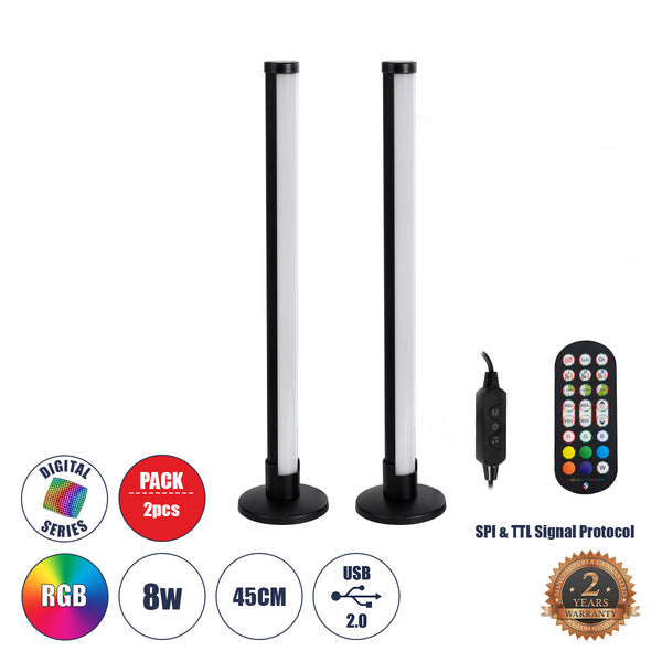 Digicolumn 90760 Set 2 Modern Pixel Pixel Pixel Bars Symphony Bare LED 16W 1280lm 180 ° DC 5V cu USB 2.0 IP20 - Iluminare prin telecomandă - RGB - DIMMABLE - BLACK - BLACK - φ3 X Y45CM - 2 X