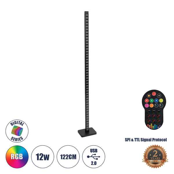 DIGICOLUMN 90762 Moderne Büro-Stehleuchte, digitaler Pixel-Rhythmus, Musikbar, LED, 12 W, 960 lm, 90° DC, 5 V, mit USB 2.0, IP20 – Beleuchtung per Fernbedienung schalten – mehrfarbiges RGB – dimmbar – Schwarz – M3,4 x B2,5 x H122 cm – 2 Jahre Garantie