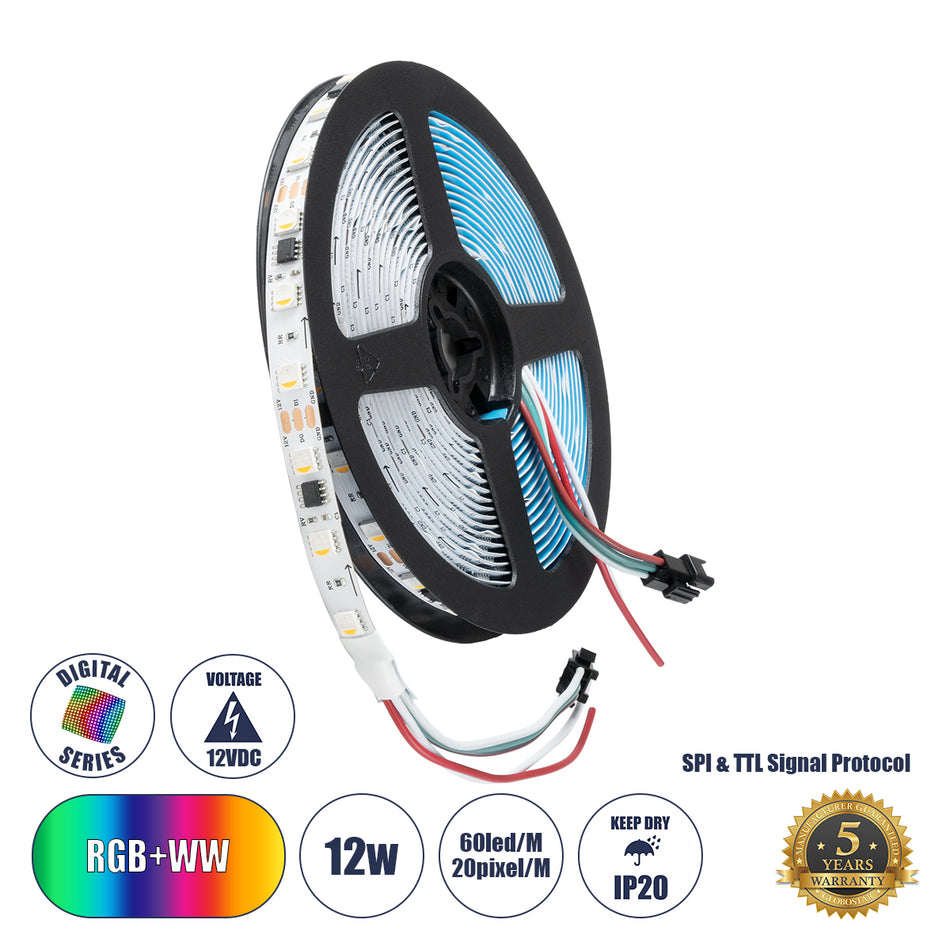 GLOBOSTAR® DIGIPRO 90773 Ψηφιακή Pixel Addressable Ταινία LED 12W/m 1080lm/m 120° DC 12V IP20 60 x SMD5050 Chip/m 20 x Pixel/m Πολύχρωμο RGB+WW Dimmable SPI/TTL Protocol IC TM1814/UCS1912/UCS2912 - Sanan SMD Chip - Μ500 x Π1 x Υ0.2cm - Ρολό 5 Μέτρων - ...