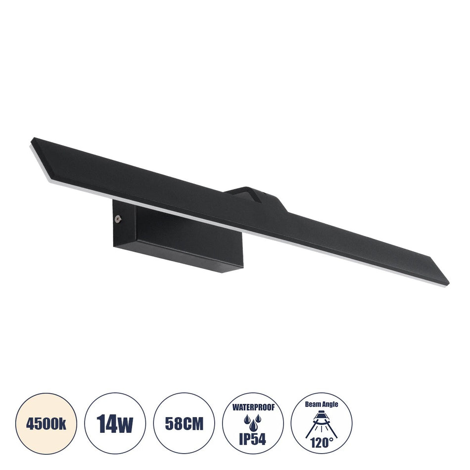 GLOBOSTAR® MIRROR 60517 Μοντέρνο Φωτιστικό Τοίχου - Απλίκα Καθρέπτη Μπάνιου LED 14W 1680lm 120° AC 220-240V IP54 Φυσικό Λευκό 4500K - Lumileds SMD Chip & TÜV SÜD Driver - Μαύρο Ματ - Μ58 x Π15 x Υ6cm - 2 Χρόνια Εγγύηση