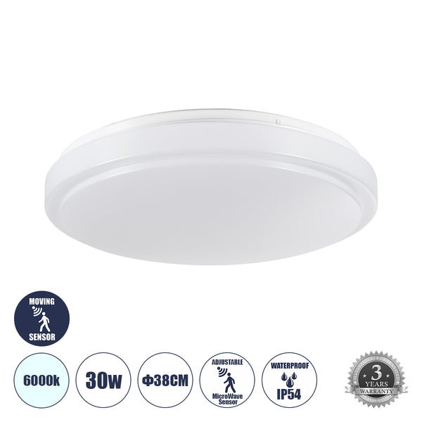 SENSORANO 60994 LED-Deckenleuchte, 30 W, 3000 lm, 120 ° AC, 220–240 V, mit integriertem, einstellbarem Mikrowellen-Bewegungssensorsystem – wasserdicht IP54 – Bridgelux-Chips – 3 Jahre Garantie