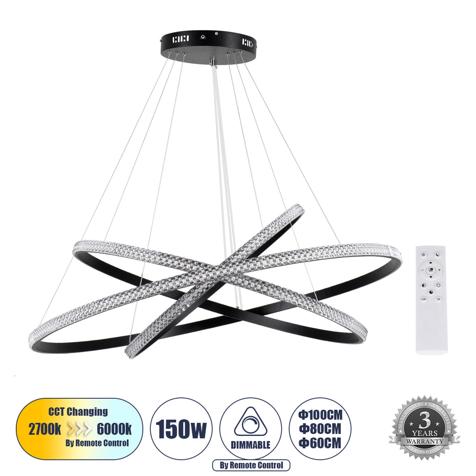 GLOBOSTAR® DIAMOND TRIO 61140-DECO Μοντέρνο Κρεμαστό Φωτιστικό Οροφής LED 150W 18379lm 360° AC 220-240V IP20 Ρυθμιζόμενο Λευκό CCT με Χειριστήριο από 2700K έως 6000K Dimmable - Lumileds SMD Chip - Μαύρο Ματ - Μ100 x Π100 x Υ100cm - 3 Χρόνια Εγγύηση