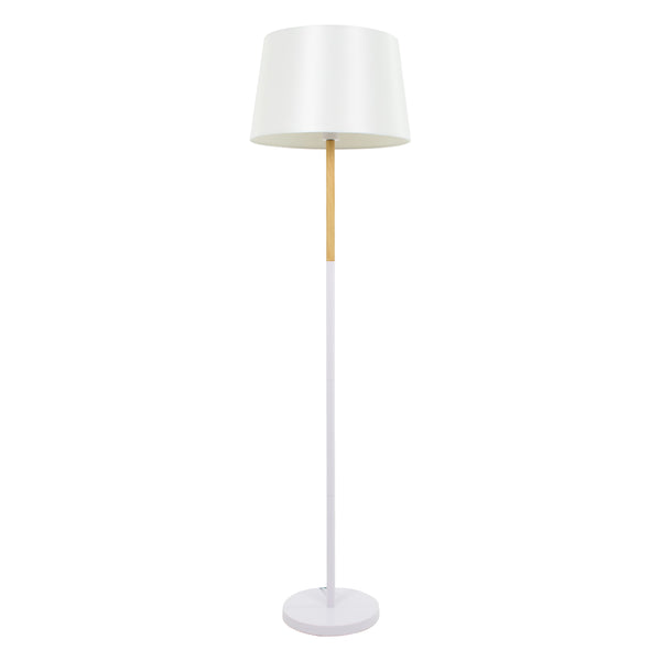 CEDAR 00828 Moderne Stehlampe, Einzellicht, 1 x E27, weiße Metallglocke mit weißem Stoff und Holzeffekt, D40 x H148 cm