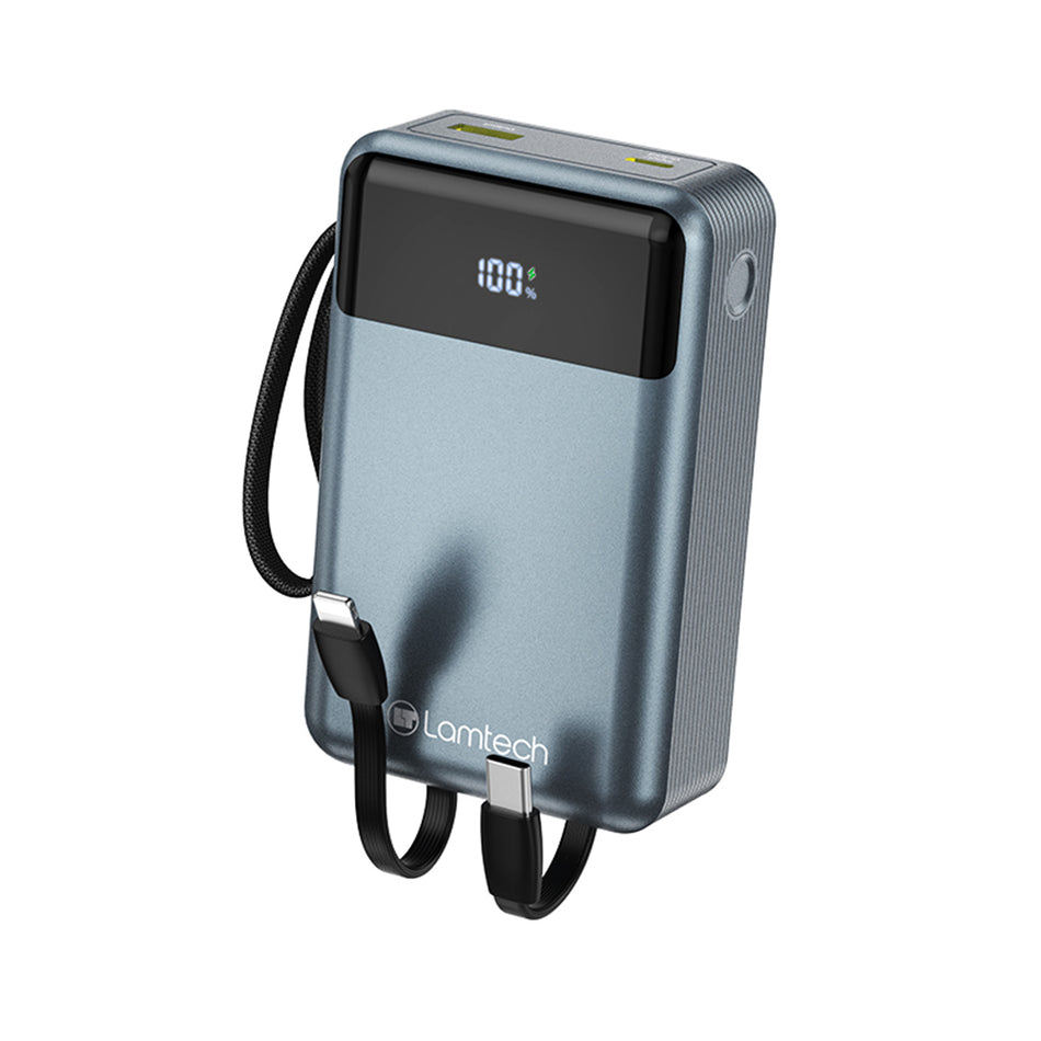 BATTERIE EXTERNE LAMTECH PD65W 20000MAH AVEC CÂBLES INTÉGRÉS TYPE-C ET LIGHTNING QC3.0