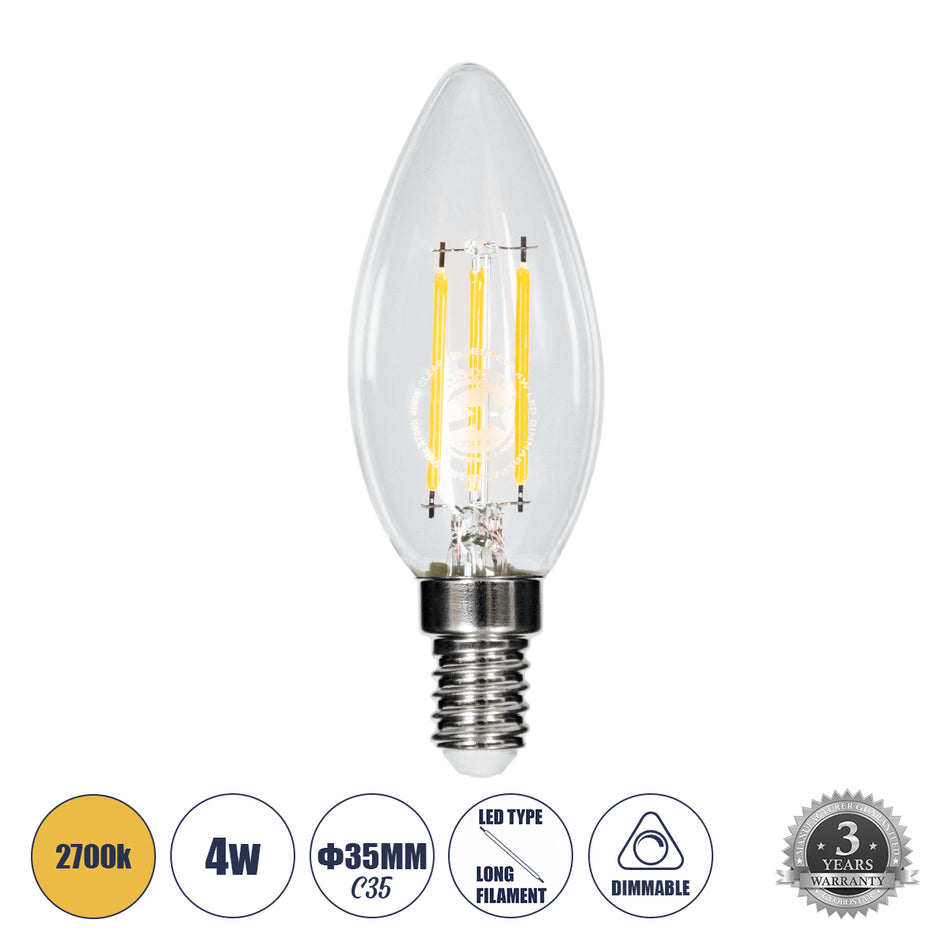 GLOBOSTAR® CANDLE 99001 Λάμπα Κεράκι E14 C35 LED 4W 400lm 360° AC 220-240V IP20 Θερμό Λευκό 2700K Dimmable - Long Filament Chip - Διάφανο - Μ3.5 x Π3.5 x Υ10.5cm - 3 Χρόνια Εγγύηση