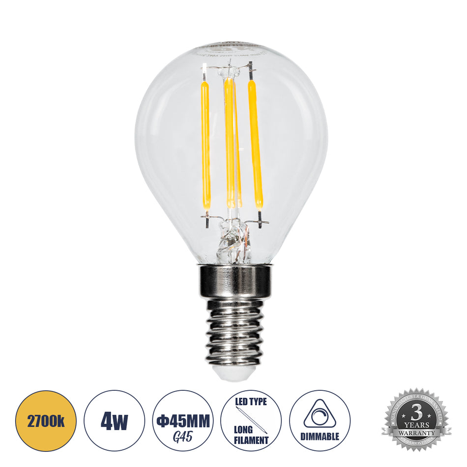 GLOBOSTAR® SPHERE 99003 Λάμπα E14 G45 LED 4W 400lm 360° AC 220-240V IP20 Θερμό Λευκό 2700K Dimmable - Long Filament Chip - Διάφανο - Μ4.5 x Π4.5 x Υ7.5cm - 3 Χρόνια Εγγύηση