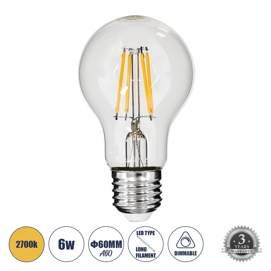 GLOBOSTAR® GLOBE 99006 Λάμπα E27 A60 LED 6W 600lm 360° AC 220-240V IP20 Θερμό Λευκό 2700K Dimmable - Long Filament Chip - Διάφανο - Μ6 x Π6 x Υ10.5cm - 3 Χρόνια Εγγύηση