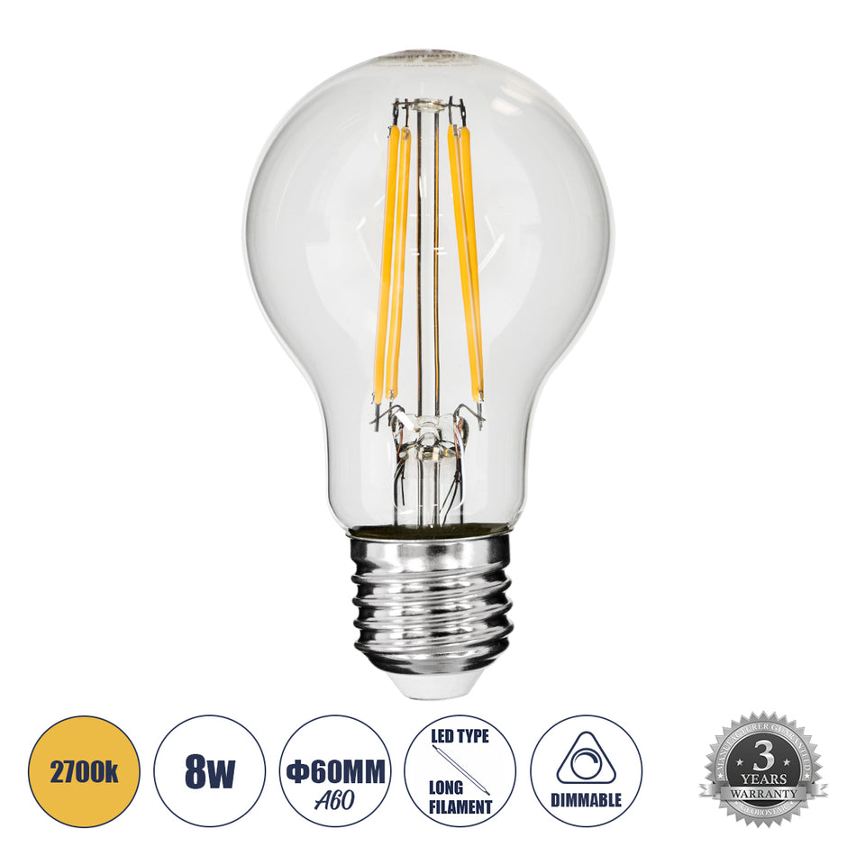 GLOBOSTAR® GLOBE 99007 Λάμπα E27 A60 LED 8W 800lm 360° AC 220-240V IP20 Θερμό Λευκό 2700K Dimmable - Long Filament Chip - Διάφανο - Μ6 x Π6 x Υ10.5cm - 3 Χρόνια Εγγύηση