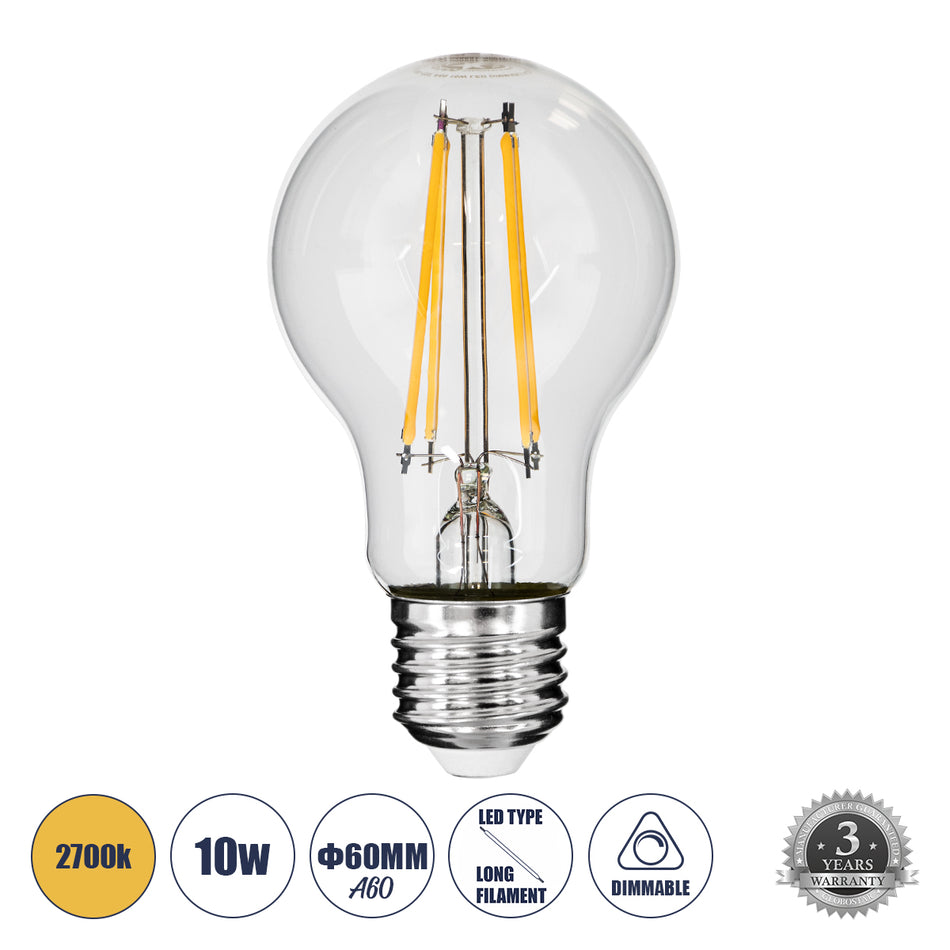 GLOBOSTAR® GLOBE 99008 Λάμπα E27 A60 LED 10W 1000lm 360° AC 220-240V IP20 Θερμό Λευκό 2700K Dimmable - Long Filament Chip - Διάφανο - Μ6 x Π6 x Υ10.5cm - 3 Χρόνια Εγγύηση