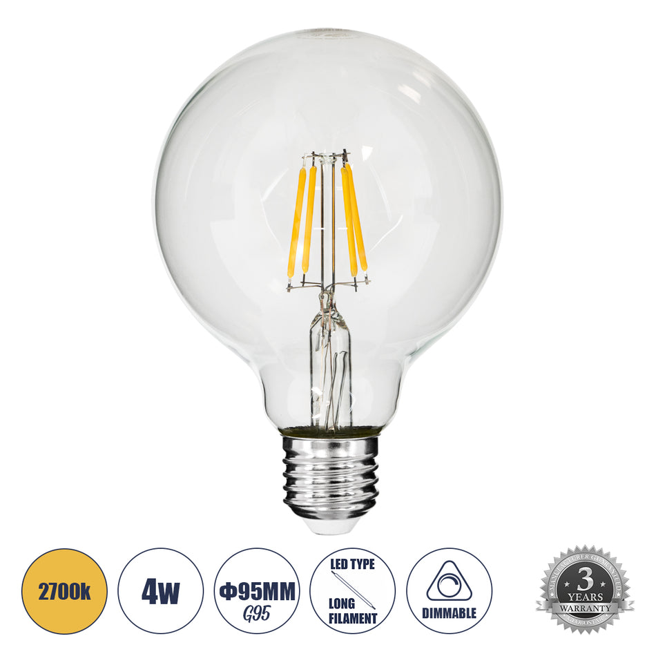 GLOBOSTAR® BUBBLE 99009 Λάμπα E27 G95 LED 4W 400lm 360° AC 220-240V IP20 Θερμό Λευκό 2700K - Long Filament Chip - Διάφανο - Μ9.5 x Π9.5 x Υ13.7cm - 3 Χρόνια Εγγύηση