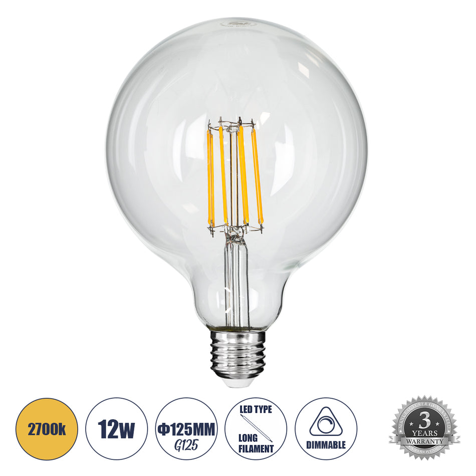GLOBOSTAR® BUBBLE 99014 Λάμπα E27 G125 LED 12W 1200lm 360° AC 220-240V IP20 Θερμό Λευκό 2700K Dimmable - Long Filament Chip - Διάφανο - Μ12.5 x Π12.5 x Υ18cm - 3 Χρόνια Εγγύηση