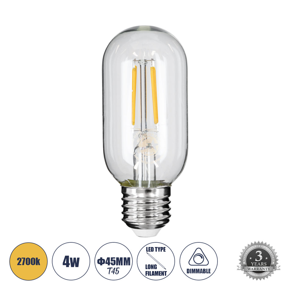 GLOBOSTAR® TUBIS 99018 Λάμπα Σωλήνας E27 T45 LED 4W 400lm 360° AC 220-240V IP20 Θερμό Λευκό 2700K Dimmable - Long Filament Chip - Διάφανο - Μ4.5 x Π4.5 x Υ11cm - 3 Χρόνια Εγγύηση