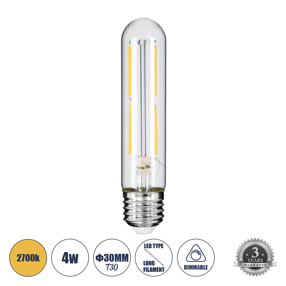 GLOBOSTAR® TUBIS 99019 Λάμπα Σωλήνας E27 T30 LED 4W 400lm 360° AC 220-240V IP20 Θερμό Λευκό 2700K Dimmable - Long Filament Chip - Διάφανο - Μ3 x Π3 x Υ13.5cm - 3 Χρόνια Εγγύηση
