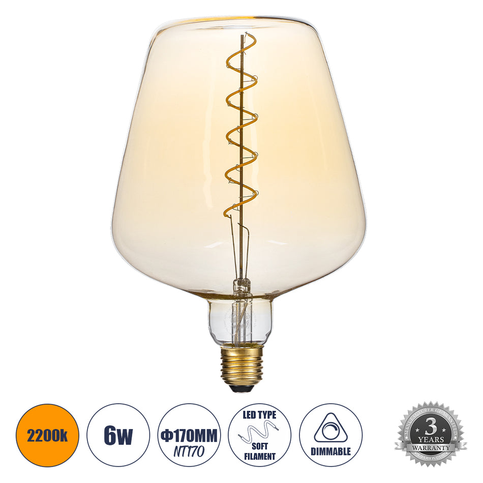 GLOBOSTAR® BRANDY 99025 Λάμπα E27 NT170 LED 6W 420lm 360° AC 220-240V IP20 Ultra Θερμό Λευκό 2200K Dimmable - Soft S Spiral Filament Chip - Μελί - Μ17 x Π17 x Υ23cm - 3 Χρόνια Εγγύηση