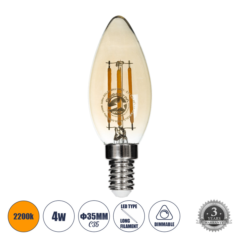 GLOBOSTAR® CANDLE 99031 Λάμπα Κεράκι E14 C35 LED 4W 350lm 360° AC 220-240V IP20 Ultra Θερμό Λευκό 2200K Dimmable - Long Filament Chip - Μελί - Μ3.5 x Π3.5 x Υ10.5cm - 3 Χρόνια Εγγύηση