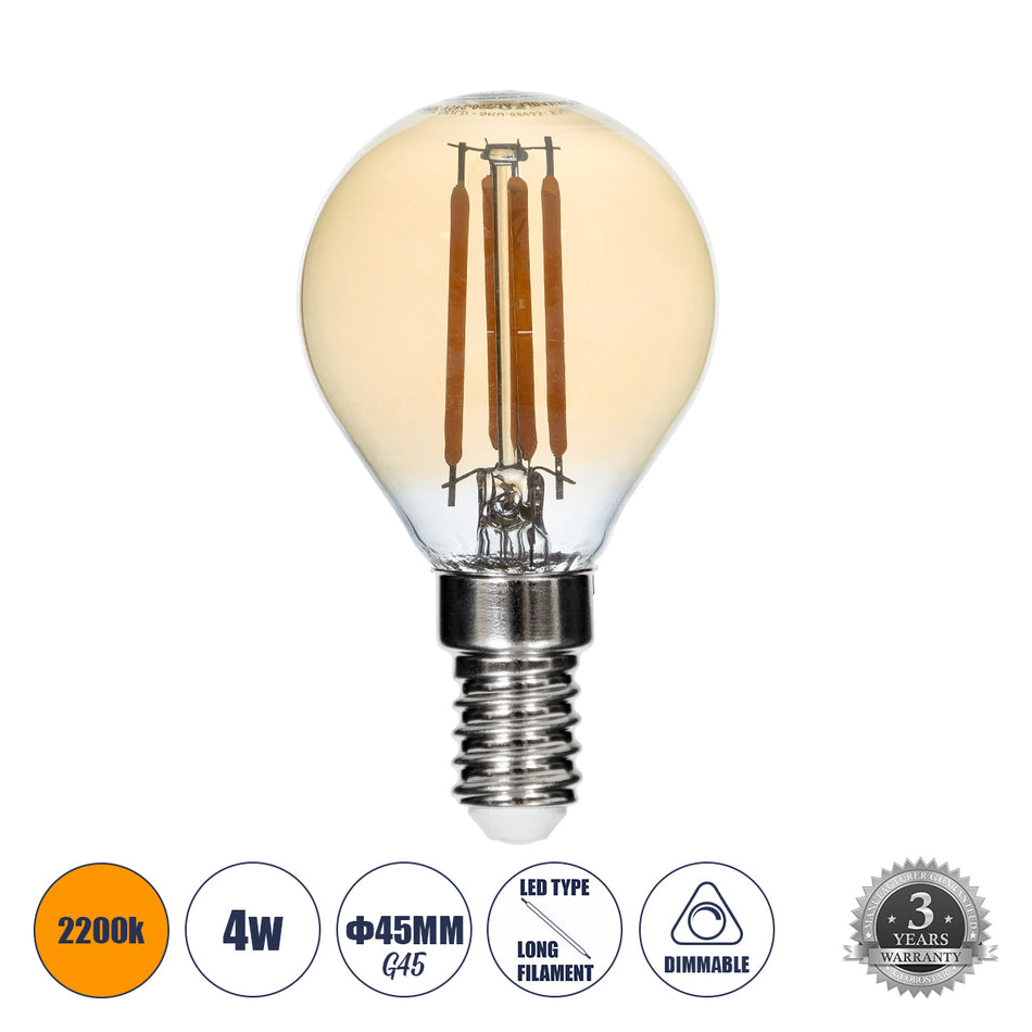 GLOBOSTAR® SPHERE 99033 Λάμπα E14 G45 LED 4W 350lm 360° AC 220-240V IP20 Ultra Θερμό Λευκό 2200K Dimmable - Long Filament Chip - Μελί - Μ4.5 x Π4.5 x Υ7.5cm - 3 Χρόνια Εγγύηση