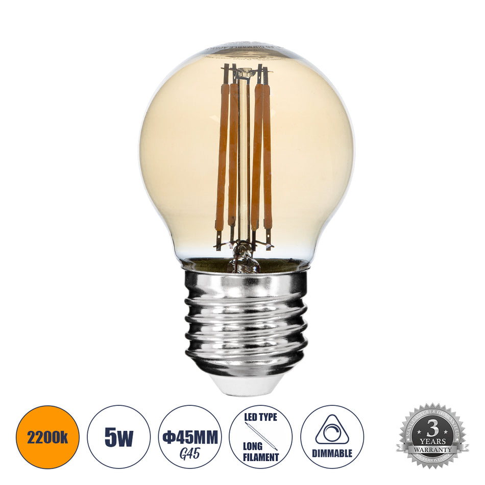 GLOBOSTAR® SPHERE 99035 Λάμπα E27 G45 LED 5W 450lm 360° AC 220-240V IP20 Ultra Θερμό Λευκό 2200K Dimmable - Long Filament Chip - Μελί - Μ4.5 x Π4.5 x Υ7.5cm - 3 Χρόνια Εγγύηση
