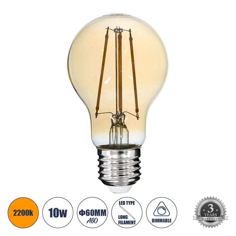 GLOBOSTAR® GLOBE 99038 Λάμπα E27 A60 LED 10W 900lm 360° AC 220-240V IP20 Ultra Θερμό Λευκό 2200K Dimmable - Long Filament Chip - Μελί - Μ6 x Π6 x Υ10.5cm - 3 Χρόνια Εγγύηση
