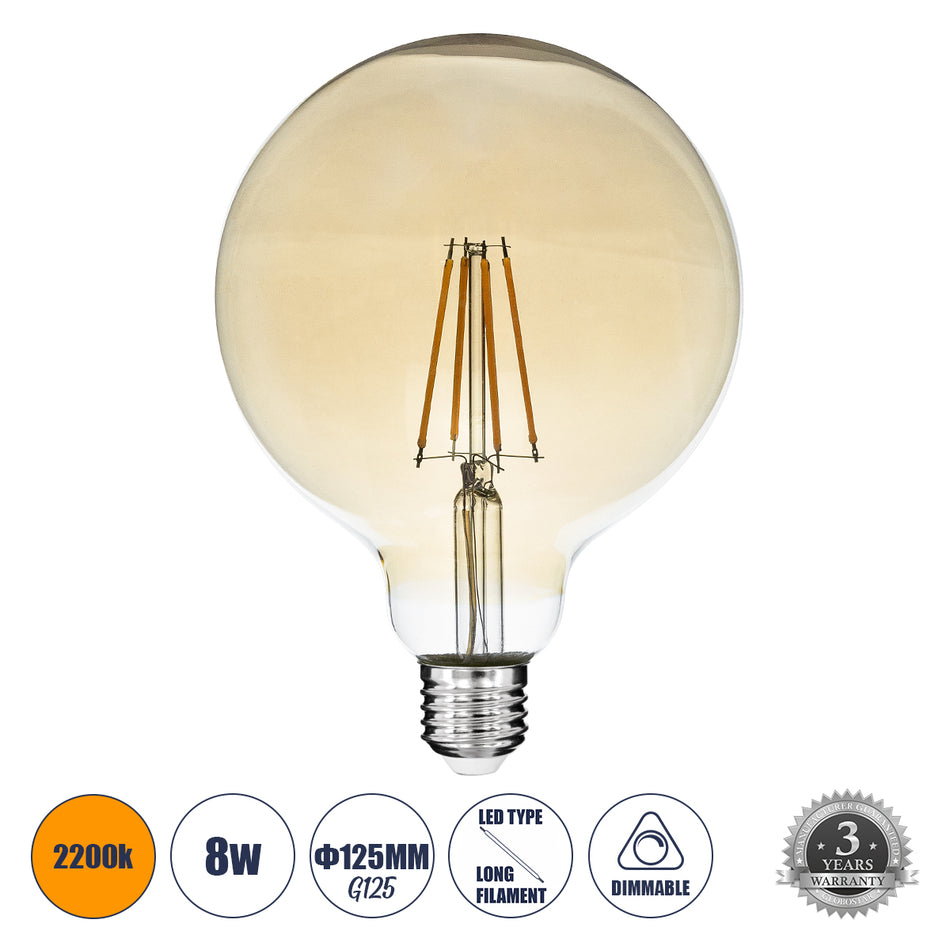 GLOBOSTAR® BUBBLE 99043 Λάμπα E27 G125 LED 8W 720lm 360° AC 220-240V IP20 Ultra Θερμό Λευκό 2200K Dimmable - Long Filament Chip - Μελί - Μ12.5 x Π12.5 x Υ18cm - 3 Χρόνια Εγγύηση