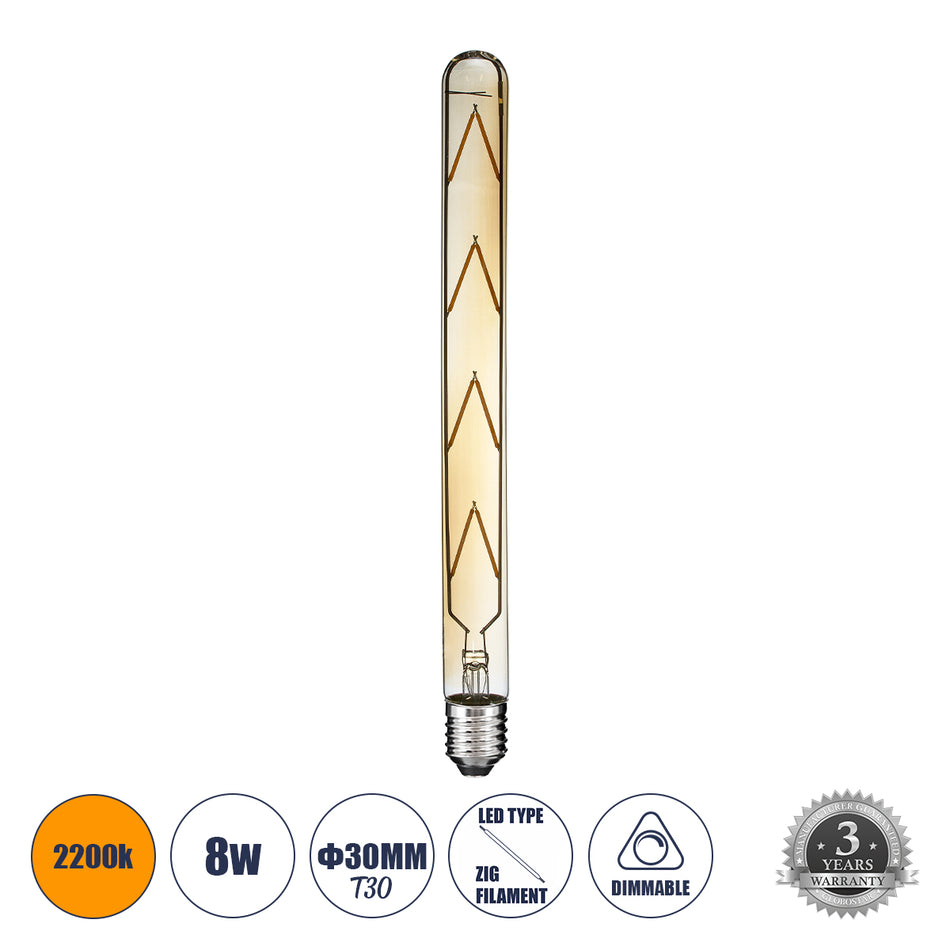 GLOBOSTAR® TUBIS 99050 Λάμπα Σωλήνας E27 T30 LED 8W 720lm 360° AC 220-240V IP20 Ultra Θερμό Λευκό 2200K Dimmable - Long Filament Chip - Μελί - Μ3 x Π3 x Υ30cm - 3 Χρόνια Εγγύηση