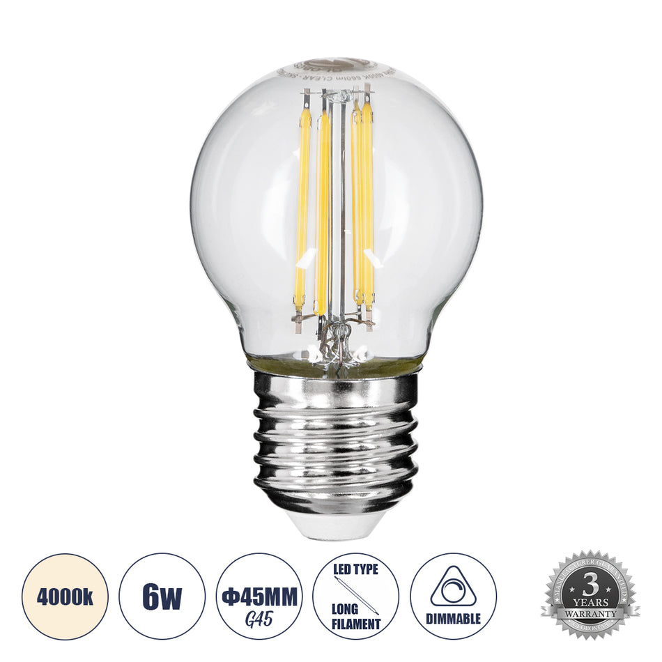 GLOBOSTAR® SPHERE 99052 Λάμπα E27 G45 LED 6W 660lm 360° AC 220-240V IP20 Φυσικό Λευκό 4500K Dimmable - Long Filament Chip -Διάφανο - Μ4.5 x Π4.5 x Υ7.5cm - 3 Χρόνια Εγγύηση