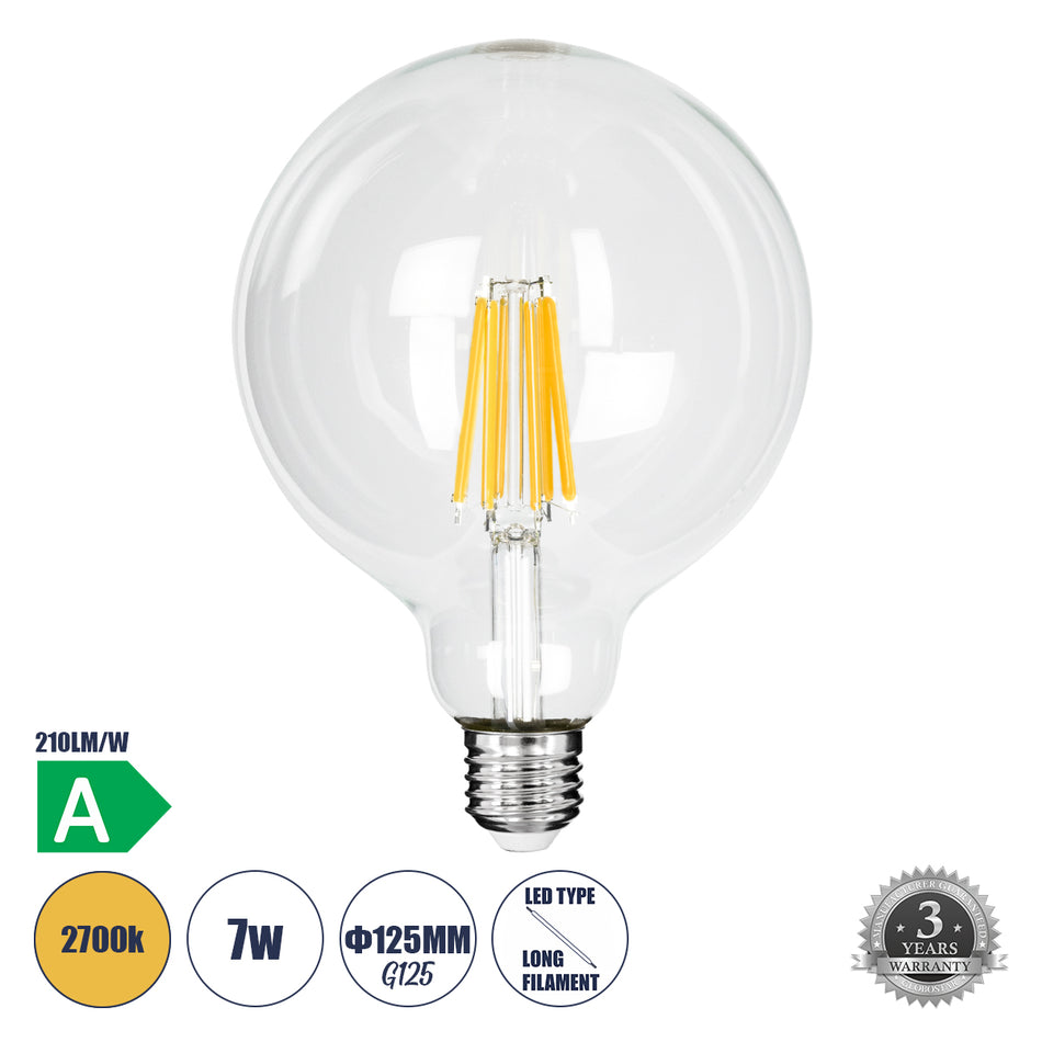 GLOBOSTAR® BUBBLE 99089 Λάμπα E27 G125 LED 7W 1470lm 360° AC 220-240V IP20 Θερμό Λευκό 2700K - Long Filament Chip - Διάφανο - Μ12.5 x Π12.5 x Υ13.8cm - 3 Χρόνια Εγγύηση
