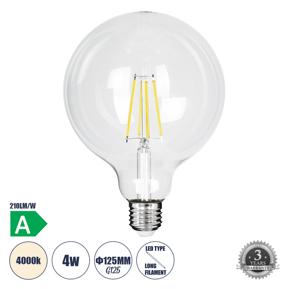 GLOBOSTAR® BUBBLE 99093 Λάμπα E27 G125 LED 4W 840lm 360° AC 220-240V IP20 Φυσικό Λευκό 4500K - Long Filament Chip - Διάφανο - Μ12.5 x Π12.5 x Υ13.8cm - 3 Χρόνια Εγγύηση