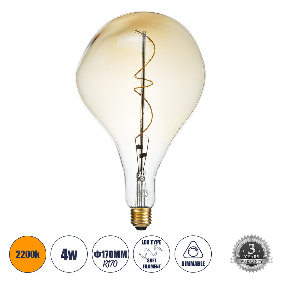 GLOBOSTAR® ROCK 99175 Λάμπα E27 R170 LED 4W 280lm 360° AC 220-240V IP20 Ultra Θερμό Λευκό 2200K Dimmable - Soft S Spiral Filament Chip - Μελί - Μ16.5 x Π16.5 x Υ28cm - 3 Χρόνια Εγγύηση