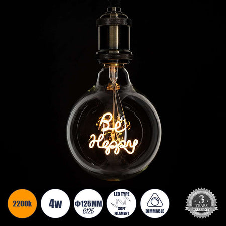 99258 Λάμπα LED Ultra Thin Soft S Spiral Letter Filament E27 G125 BE HAPPY Γλόμπος 4W 340lm 360° AC 220-240V IP20 Φ12.5 x Υ18cm Ultra Θερμό Λευκό 2200K με Διάφανο Γυαλί - Dimmable - 3 Years Warranty