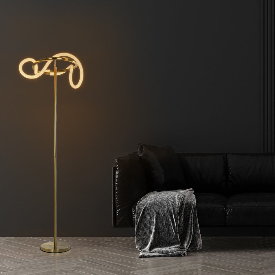 kelvo® GLOW 61687 Μοντέρνο Επιδαπέδιο Φωτιστικό LED 30W 3000lm 360° AC 220-240V IP20 Ρυθμιζόμενο Λευκό CCT με Αφή 2700K/4500K/6000K Dimmable - Lumileds SMD Chip - Χρυσό Πλατίνα & Λευκό Νήμα - Μ45 x Π45 x Υ160cm - 3 Χρόνια Εγγύηση