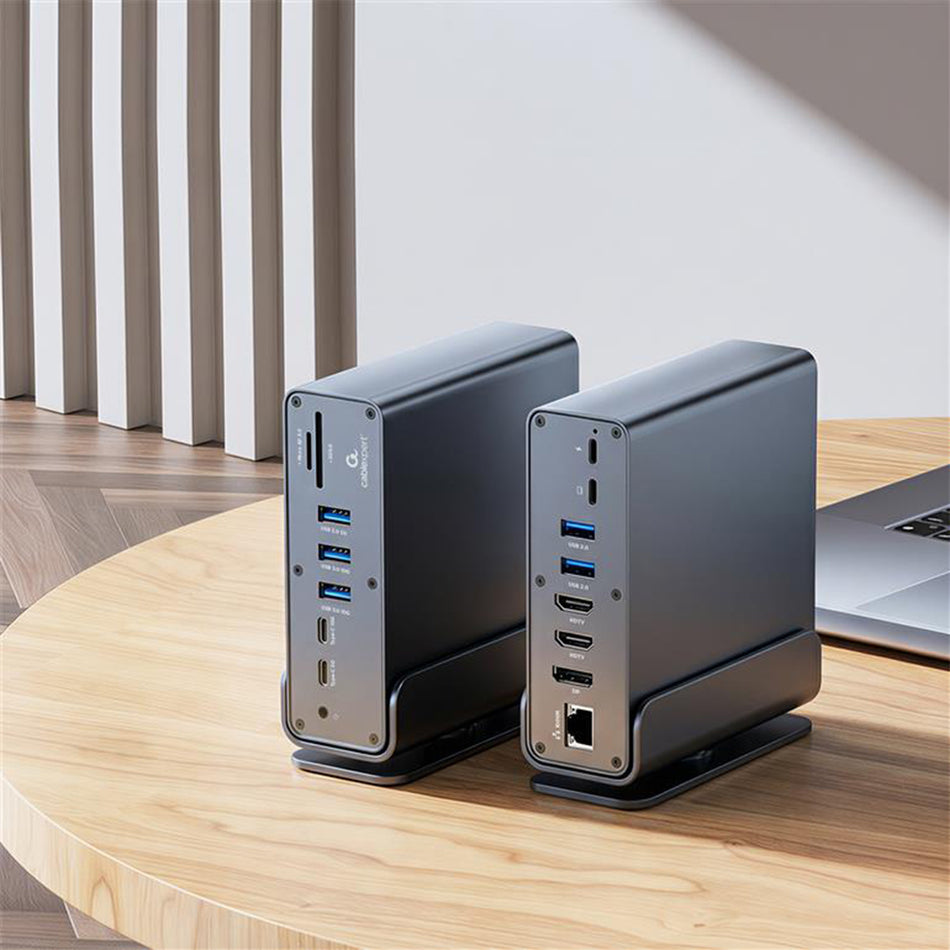 CABLEXPERT USB TYPE-CF 15-IN-1 MULTIPORT ADAPTER (USB HUB AF-PORTS v.2x2 + v.3x3, Type-CF + HDMIx2 +DISPLAYPORT + PD + CARD READER + GIGALAN + 3.5 mm AUDIO), GREY