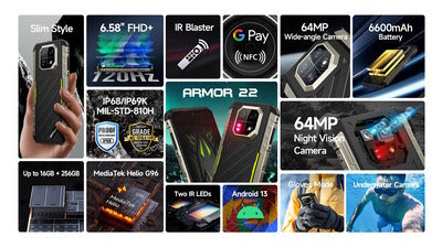 ULEFONE smartphone Armor 22, 6.58", 8/128GB, 6600mAh, IP68/IP69K, μαύρο