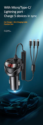 USAMS φορτιστής αυτοκινήτου C22 με καλώδιο 3 σε 1 & οθόνη, 3.4A, μαύρος