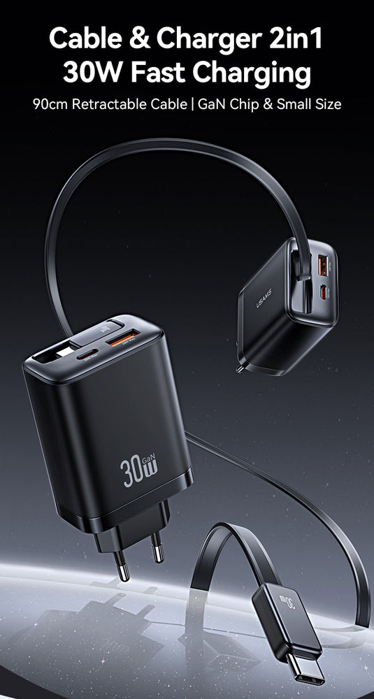 USAMS φορτιστής τοίχου CC296 με καλώδιο, USB & USB-C, 30W, μαύρος