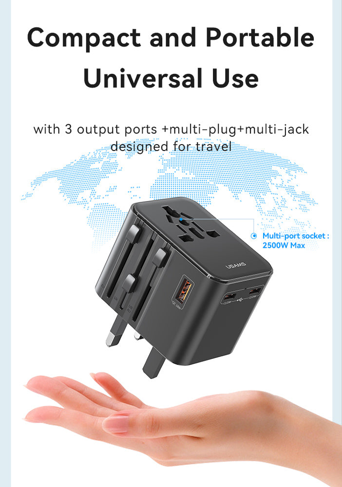 USAMS φορτιστής/αντάπτορας πρίζας CC309, USB & 2x USB-C, universal, 25W, μαύρος