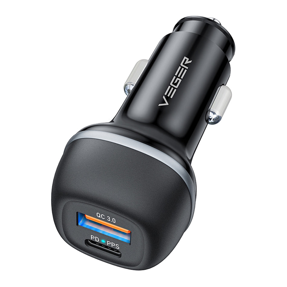Veger CC62-1A1C Chargeur de voiture rapide avec 2 ports USB et Type-C 51W - Noir