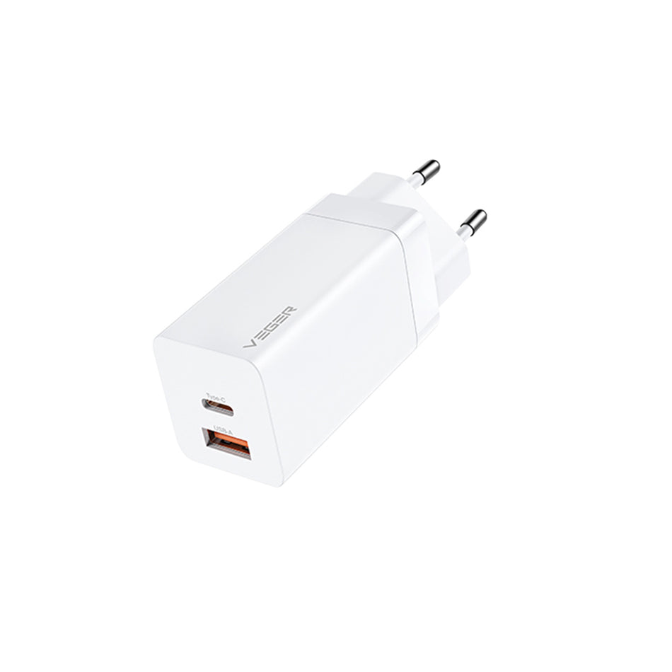 Veger CPD65E Chargeur sans fil GaN avec port USB-A et port USB-C 65W Power Delivery / Quick Charge 3.0 Blanc
