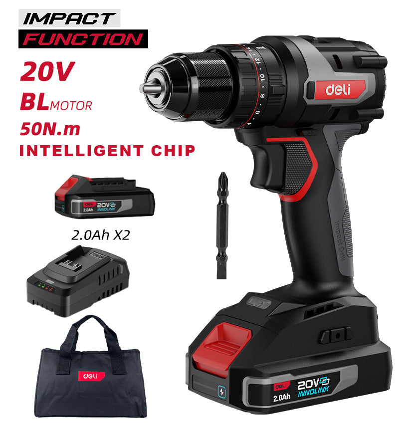 DELI κρουστικό δραπανοκατσάβιδο μπαταρίας DE-CZ20-2D2, Brushless, 20V, 2x 2Ah, 50N.m