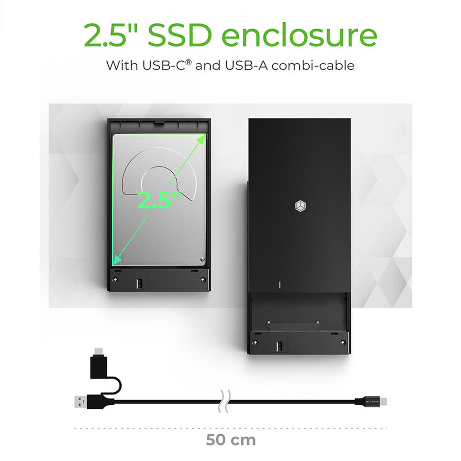 Icy Box External Usb 3.2 2.5' Sata Enclosure With Combi Cable Black