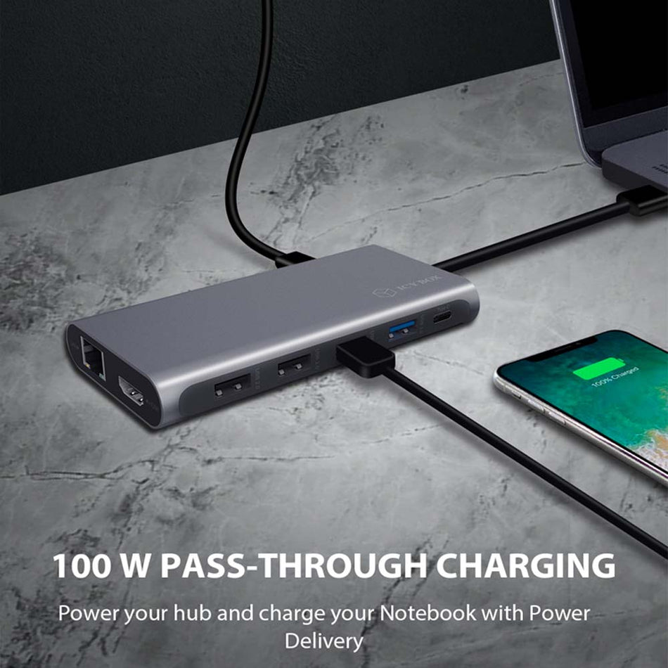 Icy Box 12 In 1 Type C Dock (Hub + Hdmi + Dp + Card Reader + Lan) Pd100 W