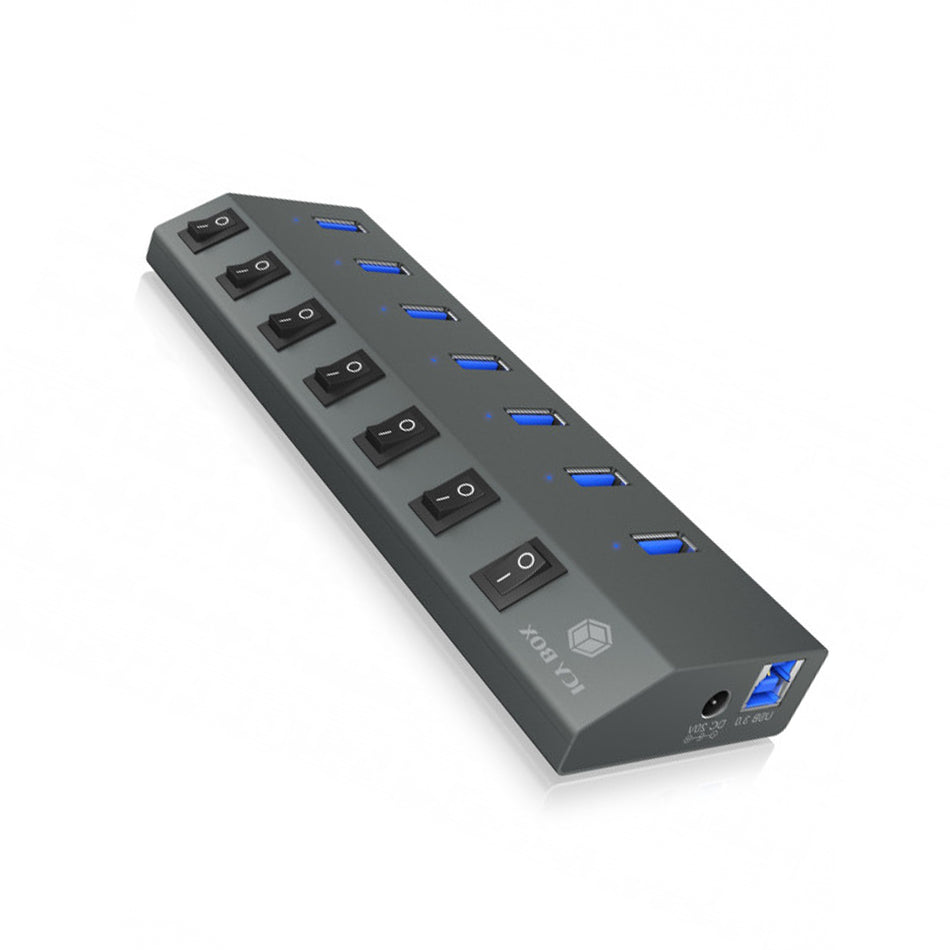 Icy Box 7 Port Usb3.2 Aluminium Hub With Individual On/Off Switches, Power Supply And Cable 1 M