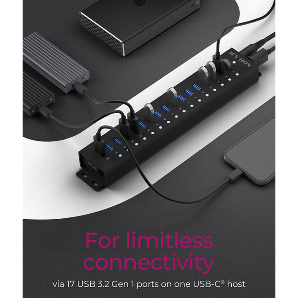 Icy Box 17 Port Usb 3.2 Hub Black